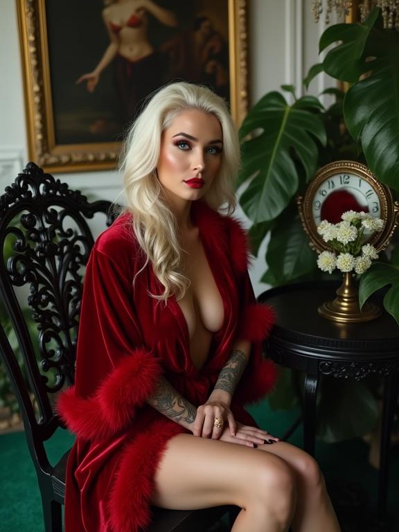 Photograph of a Caucasian woman with platinum blonde hair seated in a vintage-style room. She wears a red velvet robe with feathered trim. The robe highlights her figure. Makeup is glamorous with red lipstick. She has a tattoo sleeve on her left arm. The background includes greenery and ornate decor. An antique table with a mirror and vase is nearby. The overall ambiance is luxurious and intimate with soft lighting.