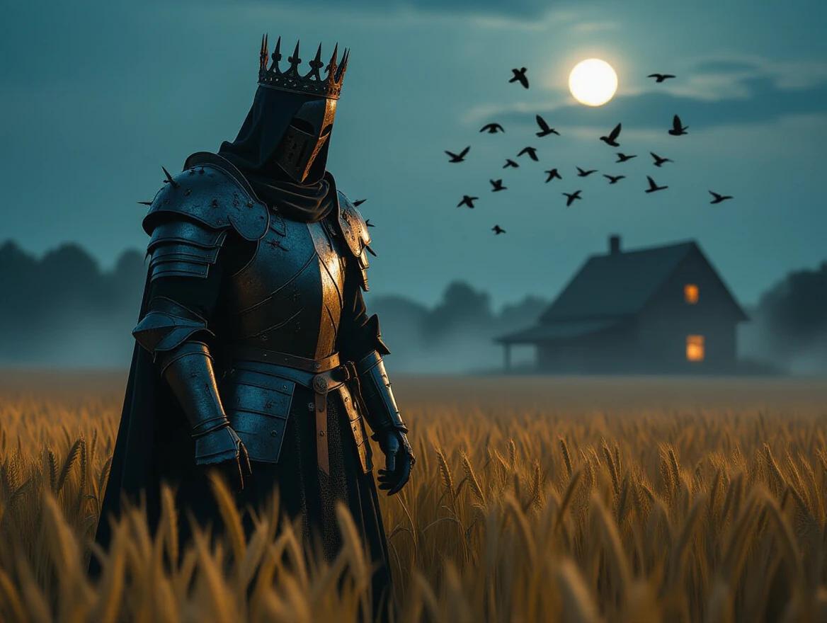 Armored figure with broken rusted plate armor and thorn-wrapped robes, hollow crown atop headless helm without face, standing still in wheat field at night with a soft warm glow from distant farmhouse, mist swirling around feet, flock of crows overhead, imposing silhouette, cinematic moonlight, dramatic shadows, ultra-detailed textures