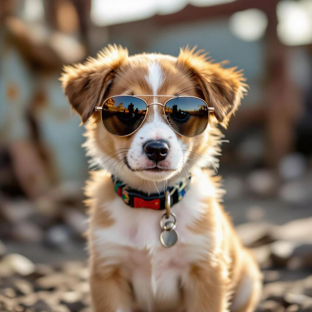 Raw photo of a cute puppy in a junkyard wearing stylish sunglasses. The puppy has a playful expression and fluffy fur. A vibrant scene highlighting the puppy's character.