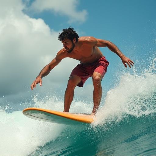 A man surfing on the ocean with a dynamic pose, bright sunlight illuminating the scene. His shorts are red, and he is riding a wave on an orange surfboard.