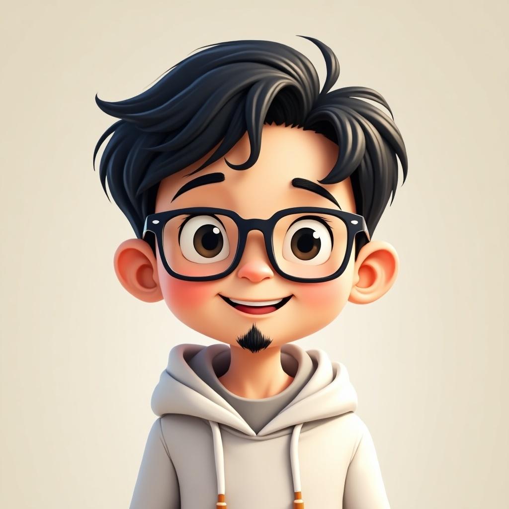 A Disney cartoon character style portrait features a happy young boy. He has short black hair and fair skin with a cheerful expression. The boy wears square glasses and has only a goatee as facial hair. He is dressed in a white hoodie. The background is light and simple, enhancing the focus on the character's face. The character embodies a playful and friendly vibe, likely appealing to children and families.