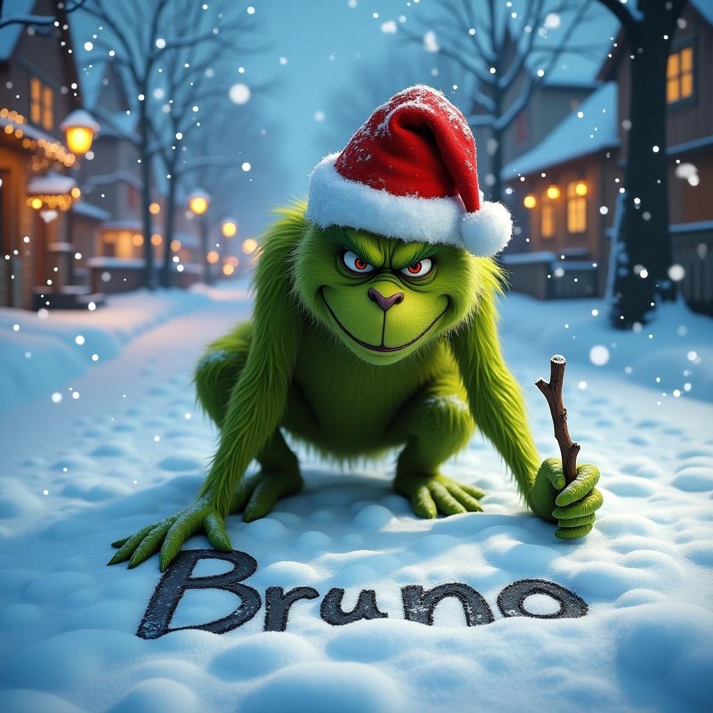 Winter scene depicting the Grinch in a Santa hat. Grumpy expression. Crouching and writing 'Bruno' in snow with a stick. Surrounded by falling snowflakes. Background shows snow-covered roads and houses with lights.