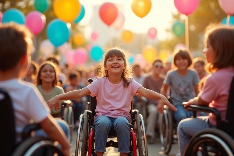 A joyful celebration scene with children in wheelchairs. The children are surrounded by colorful balloons. They are smiling and laughing. The atmosphere is festive. It is a 20th anniversary party.