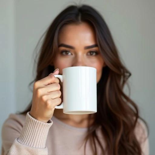 Front view of brunette woman drinking from plain white mug. Female holding rectangular cylindrical mug with right hand. A product mockup style image showcasing beverage.