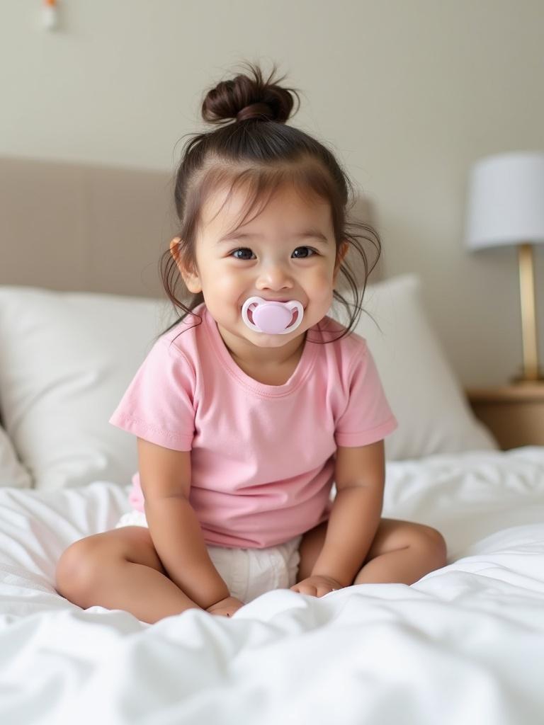 A girl seated on bed. She wears a pink t-shirt and diaper. Bed is covered with white sheets. Nursery room has a soft atmosphere. Natural lighting enhances the scene.