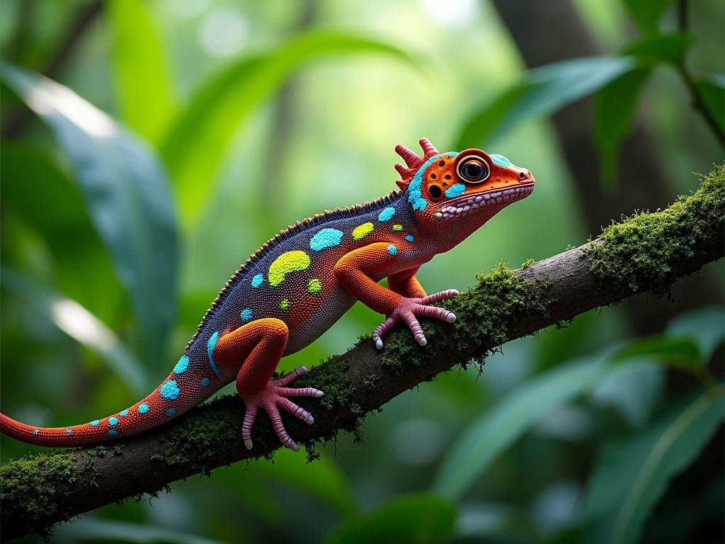 The image depicts a colorful lizard resting on a moss-covered branch in a lush, green forest setting. The lizard is adorned with striking patterns of blue, orange, yellow, and green, creating an eye-catching contrast against the natural hues of the surrounding foliage. The detailed texture of the lizard’s skin and the vivid greenery emphasize a vibrant natural scene.