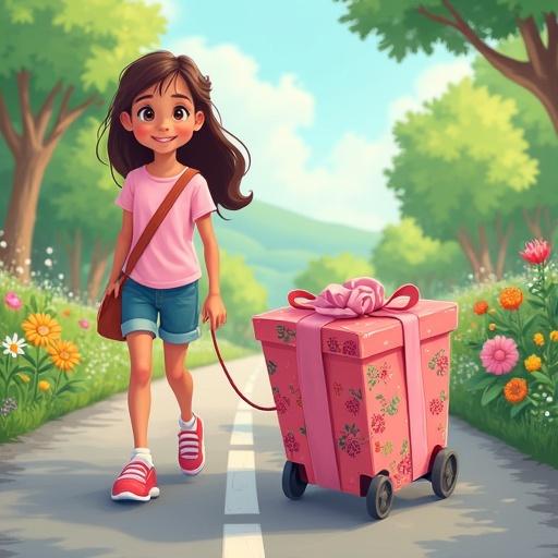 Charming young girl wearing a light pink t-shirt walking down a road. Pink and red box on the road is covered in flowers. Girl pulls the box with a rope. Disney style illustration.