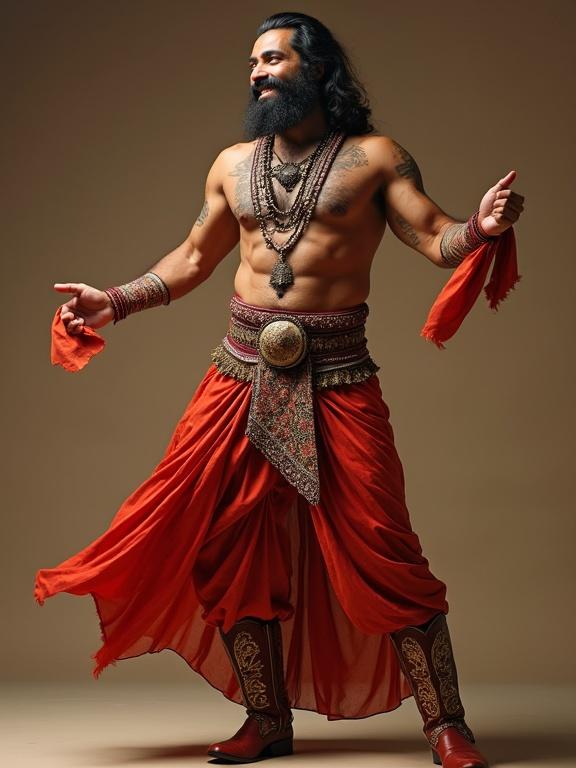 Large hairy bearded Indian man wearing fancy boots and male belly dancing costume. He is dancing with a big smile on his face.