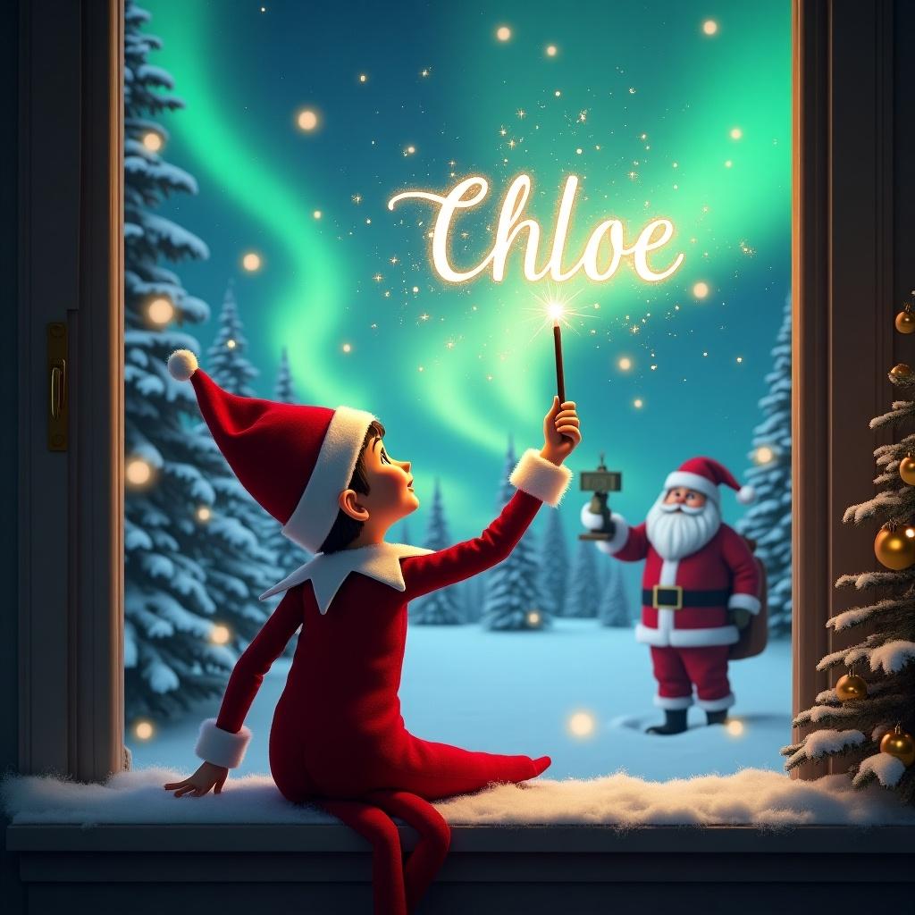 The image features an adorable elf on the shelf sitting on a window ledge with his back turned to the viewer. He is using a magical wand to create twinkling sparks while looking up at a stunning display of northern lights. The background depicts a winter wonderland, filled with snow-covered pine trees, which enhances the festive holiday feel. The elf is dressed in a vibrant red outfit with white trim, embodying the Christmas spirit. The scene is beautifully illuminated by the enchanting colors of the aurora borealis, creating a magical ambiance as the elf writes the name 'Chloe' in sparkling letters above with Santa Claus and a Christmas tree visible in the background.