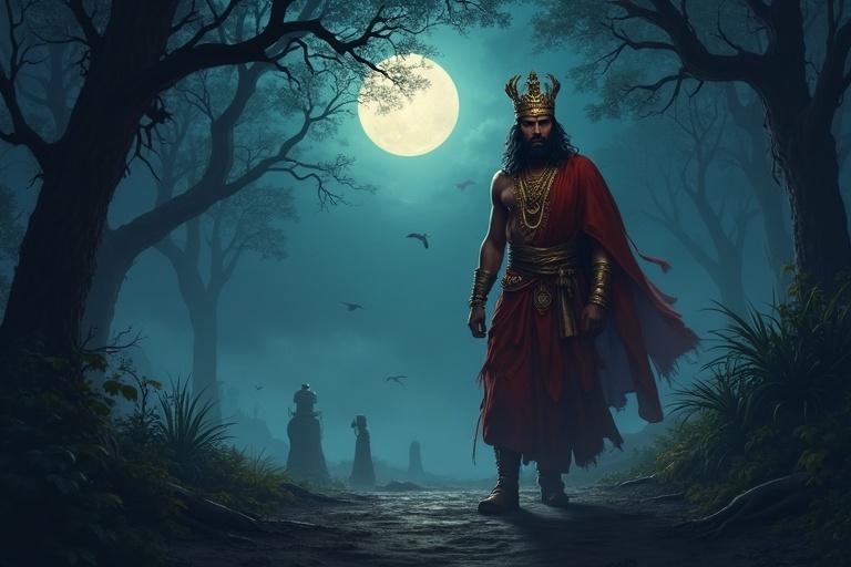 Highly detailed digital illustration fitting ancient style. A dark eerie jungle at night with twisted trees. Glowing moonlight filters through branches. Foggy ancient cremation ground. King Vikramaditya walks confidently in red-gold royal attire. Strong jawline, deep brown eyes, thick eyebrows. Small tilak on forehead, long black hair with royal crown, sword at waist. Chilling wind blows, faint owl hoots echo. Faces clear with ultra-detailed textures.