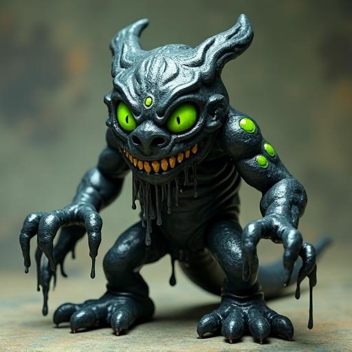 Tar-based monster with dripping limbs and clawed feet. Head resembles tribal mask of hardened oil with toxic green eyes. Stylized and toylike figure. Color scheme combines pitch black, acid green, and asphalt gray.