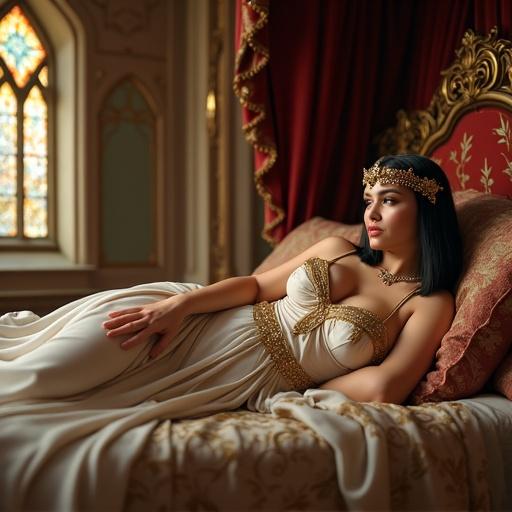 Elegant woman lying relaxed on a grand medieval royal bed. Full body visible. Graceful posture showing hourglass figure. Fitted gown with shimmering fabrics and gold embroidery. Soft natural light filtering through stained glass. Calm expression with slight smile. Hair styled in Cleopatra-inspired bob with golden accents.