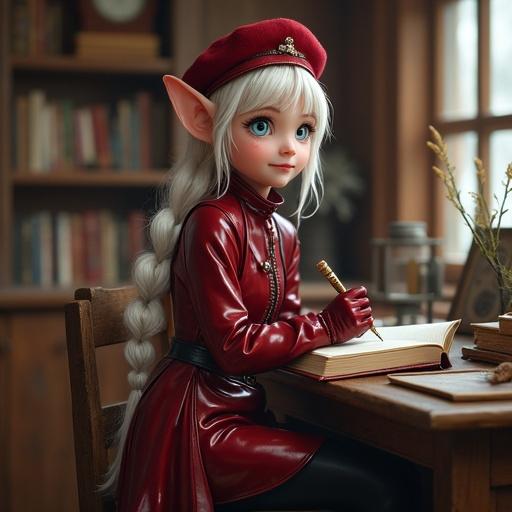 Full body image of a cute female teenage elf clerk with platinum braided hair and blue eyes. Wearing a metallic crimson latex dress suit, gloves, and a tailcoat. Sitting in a wooden cabin office, writing in a book.