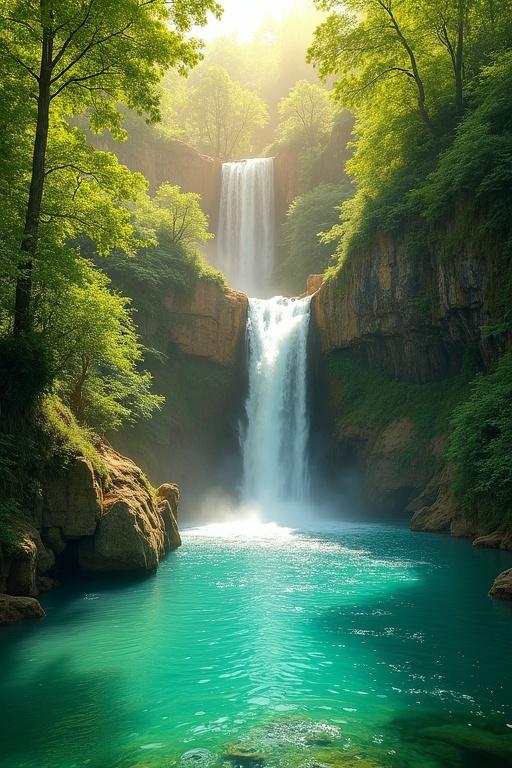 Full-frame wide shot of a serene waterfall cascading into a vibrant turquoise pool. Waterfall descends dramatically down beige-tan rocks. Misty spray is visible. Sunlight illuminates the water and foliage. Dense green trees line the crystal-clear pool. Colors are rich and saturated, showcasing greens blues and golds. Water reflects sunlight. Rocky outcrops mix with the greenery. Composition is balanced with the waterfall as the focus. The viewpoint is slightly elevated looking into the valley. The mood feels peaceful tranquil and awe-inspiring. High-detail textures are depicted.
