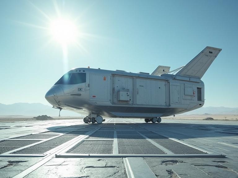 A cinematic live action scene depicting a grey scratchy sci-fi sleek bevel rectangular Osprey drop ship in a sunny desert. The ship stands on a silver metal grate floor under a blue sky. The sun shines brightly in the background with a long blue anamorphic wide lens flare capturing the atmosphere. The setting includes silver metal bevel container crates around the drop ship. The visuals are highly realistic with detailed textures and shadows.