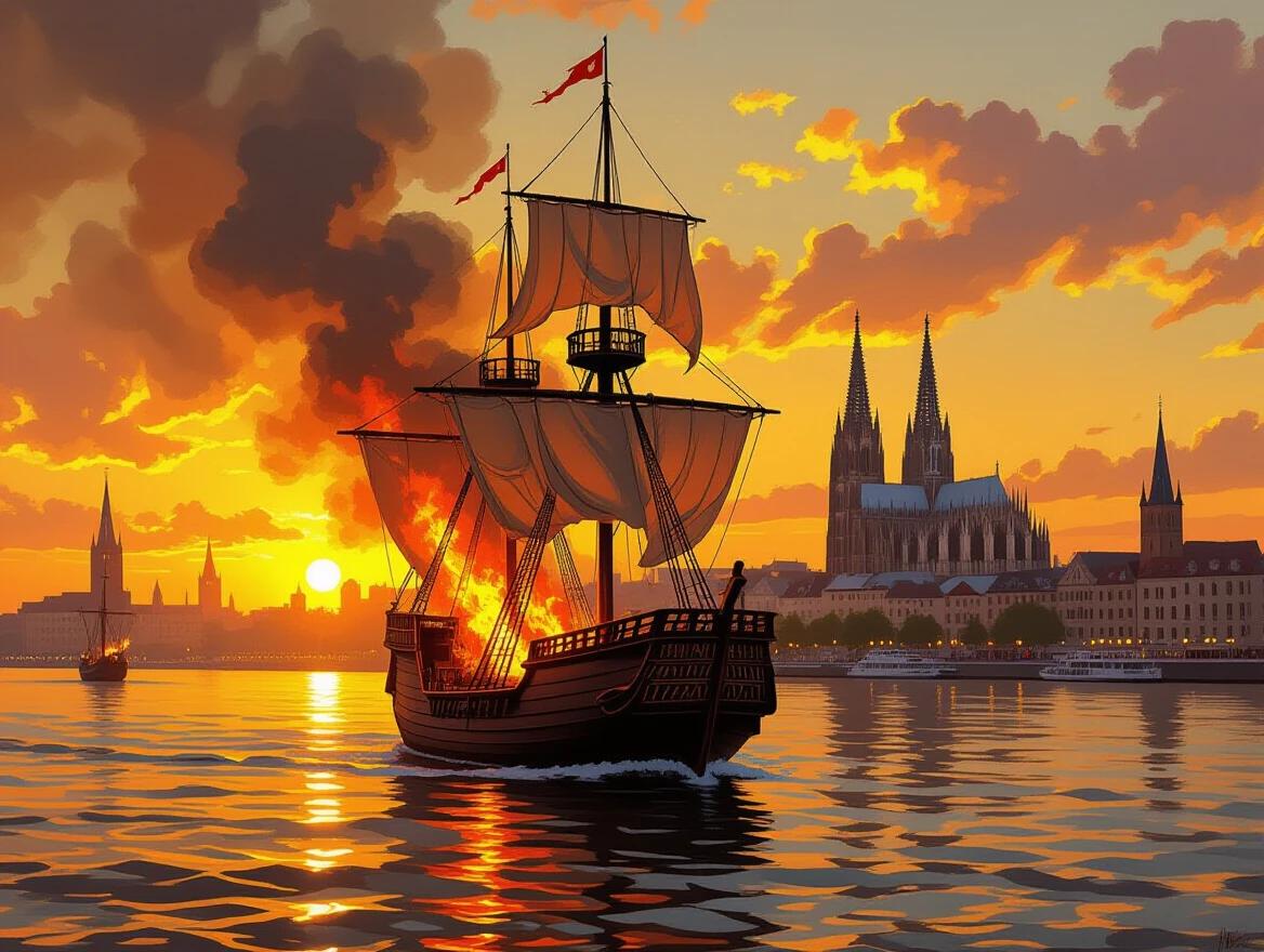 Sailing ship on fire in a port. Golden harbor sunset backdrop. Gothic cathedral in the city skyline. Dramatic smoke rising. Warm lighting creates an atmospheric feel. Oil painting with romantic art style. Highly detailed and cinematic.