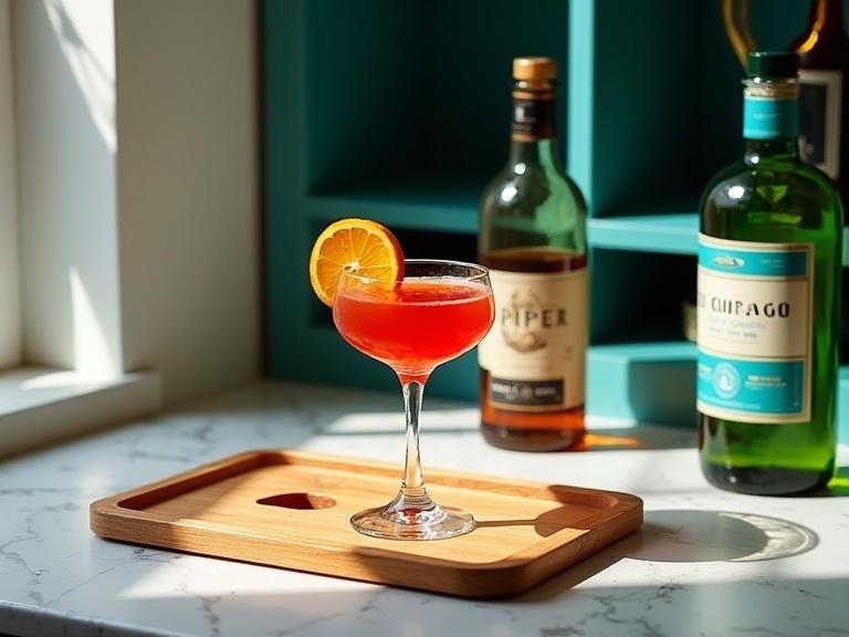 Photograph features a wooden tray on a marble countertop. A glass of red cocktail garnished with an orange slice is prominently displayed. Sunlight streams in from a nearby window. Bottles of liquor are visible in the background, including a green bottle with a turquoise label and two clear bottles with black and gold labels. Shadows are cast onto the countertop, creating a warm and inviting atmosphere. A small bottle of bitters is placed on the tray, completing the casual and relaxed bar setup.