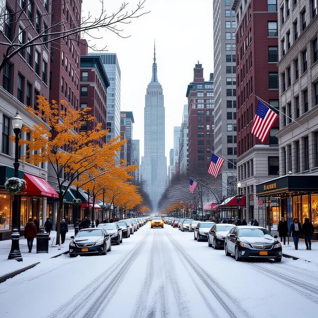 Snow-covered street in New York City with Empire State Building in background. Trees with yellow leaves lining the road. Cars parked on either side. Flags fluttering.