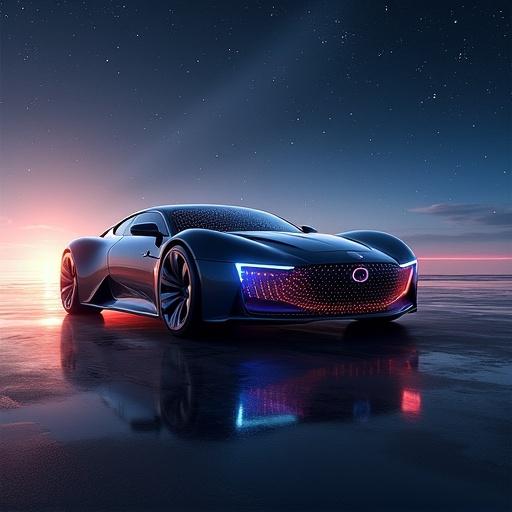 Visionary concept of a solar-powered car under a starry sky. Vehicle has an advanced design with glowing accents. Features a high-tech look with futuristic details. Emphasizes renewable energy usage and luxury. Prototype intended for exclusive buyers. Unique starlight drive projects constellations.