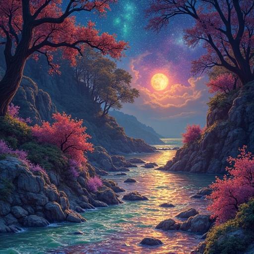 Create an image illustrating a vibrant landscape with a serene river under a large moon. Colorful trees and flowers surround the scene. The atmosphere is dreamlike and ethereal, evoking feelings of peace and tranquility.