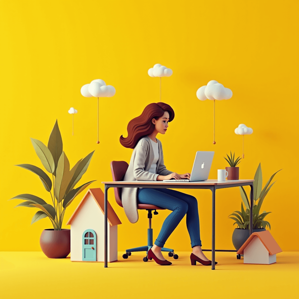 A woman working on a laptop amidst playful clouds and miniature houses, set against a bright yellow background.