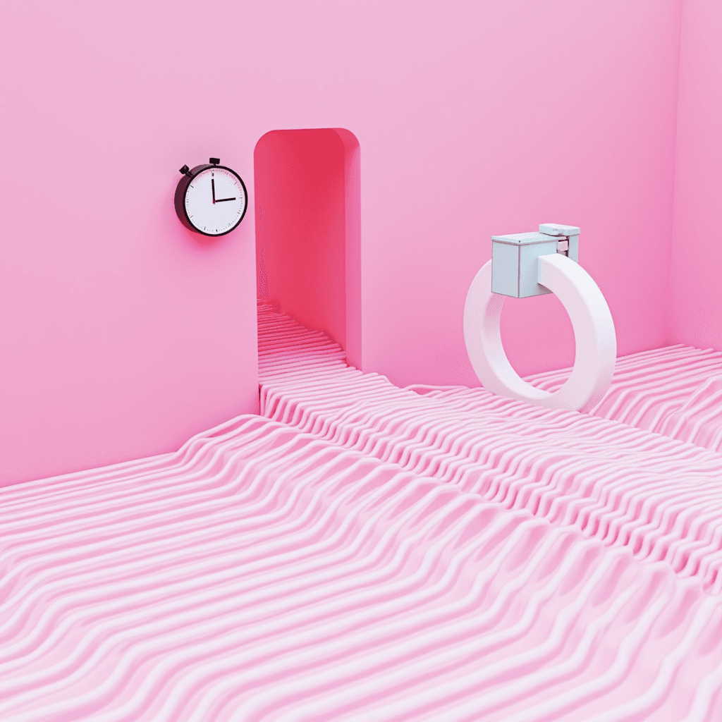 A surreal pink room with wavy floors, a black clock, and a geometric archway and sculptural element.