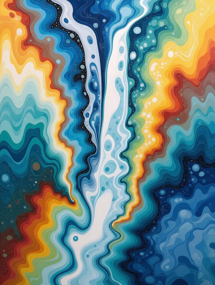 Abstract interpretation of waterfall using acrylic pour painting technique. Fluid dynamics create organic water-like flows. Marbled effects and cell formation present. Features contemporary fluid art and experimental acrylic techniques. Represents modern abstract expressionism and innovative art medium.