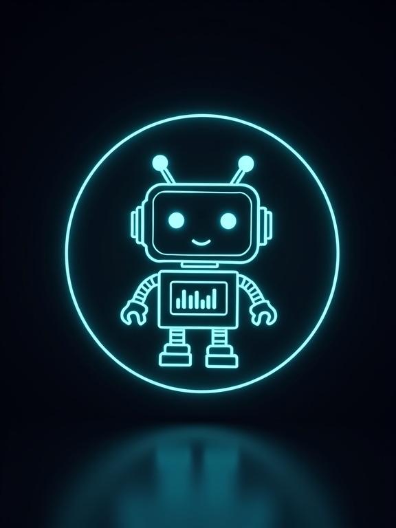 Minimalist logo design featuring a cute retro robot head. Circular design with glowing neon sky-blue outlines. Two antennas on top of the head. Rectangular body with bar charts. Rectangular feet extend below the circle. Gentle spotlight on a soft matte black background.