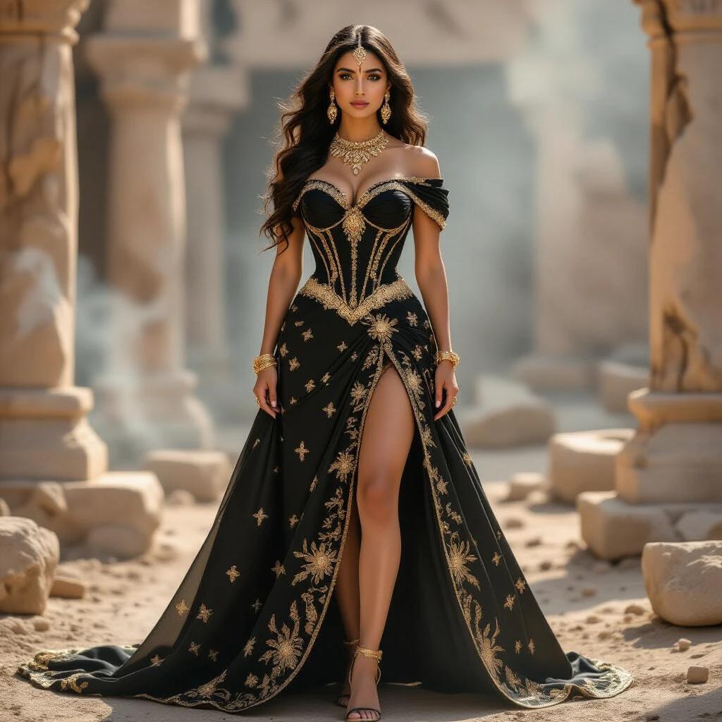 A noblewoman inspired by the goddess Lakshmi stands in a black and gold gown. The gown features an off-shoulder corset and thigh-high slit. The fabric has subtle wear including dust and scorch marks. She wears golden jewelry and a gemstone tiara. Her long hair flows in the wind. The background has blurred stone ruins and floating ash. Dramatic lighting enhances the regal mood.