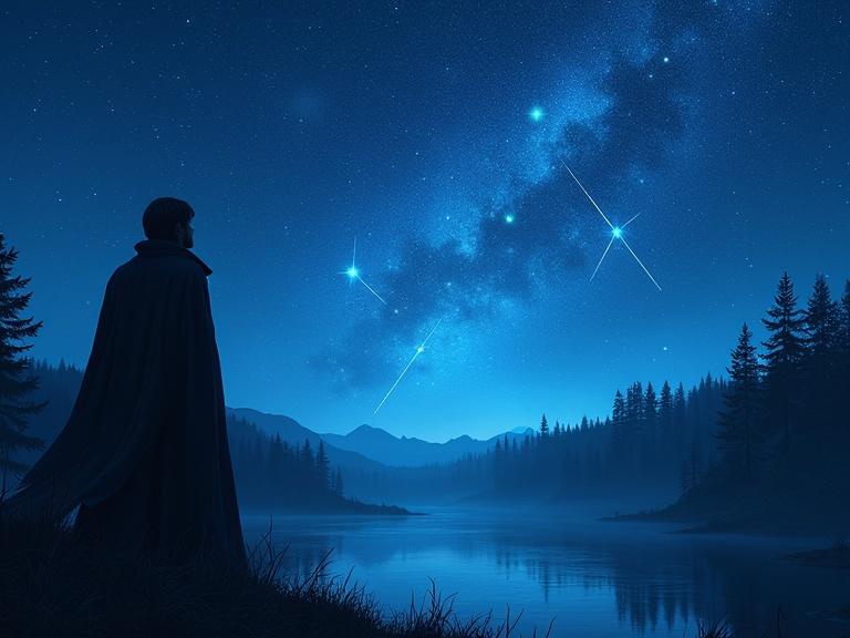 An individual in a cloak gazes at a starry sky filled with glowing constellations forming divine shapes. Below, a forest reflects the light, creating a serene night landscape.