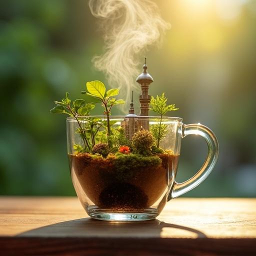 A transparent coffee glass rests on a wooden table. Inside is a miniature city made of living plants. Buildings shaped from leaves and tree trunks. Flowers are part of the scene. Soft golden light surrounds the glass. Warm coffee steam rises forming tiny clouds. The atmosphere feels magical and surreal. Architectural elements resemble a botanical fantasy. The shot captures extreme detail in a macro view. A dreamlike setting unfolds within the cup.