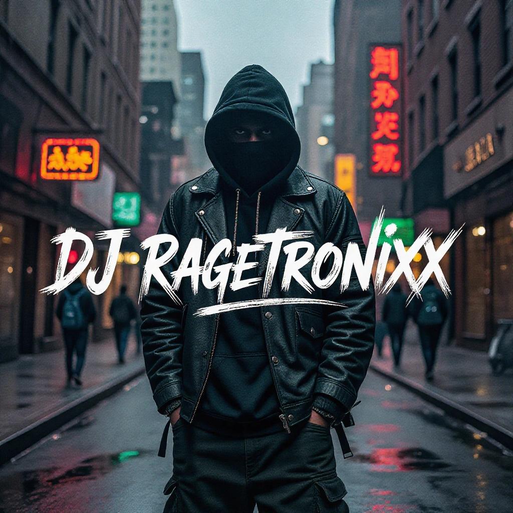 A dark RGB artistic gritty street hip hop album cover featuring a mysterious figure. Text includes DJ Ragetronixx and The Renegade in cool, bold writing.