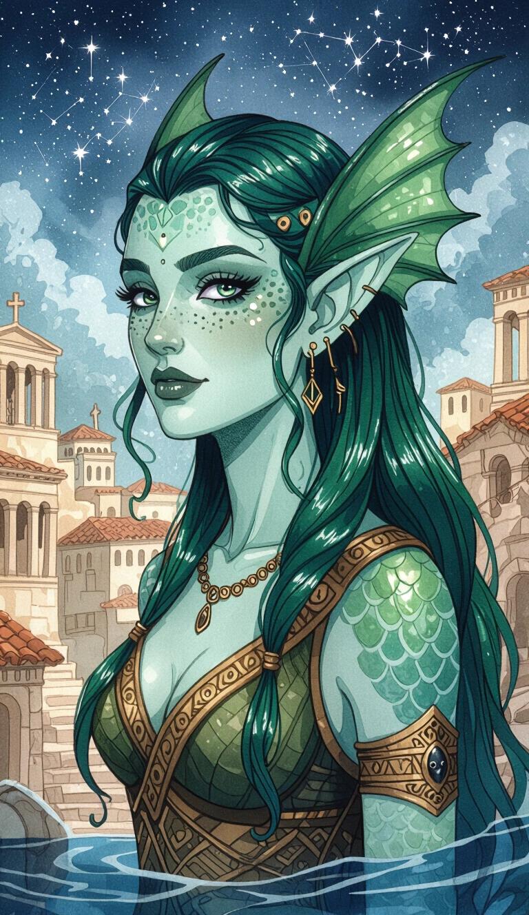 Dark watercolour illustration features a triton fish-person female with green-blue scaled skin and long hair. She wears ancient Grecian clothing and wields a black stone casting constellations. The background depicts an ancient Grecian fantasy port city under a starry sky.