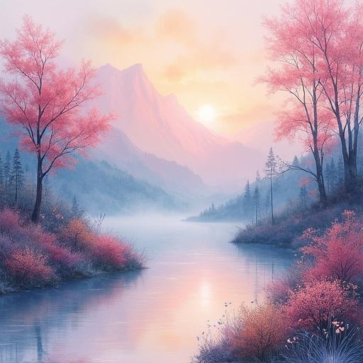 Hyperdetailed watercolor landscape shows a serene lake surrounded by delicate trees and mountains. The scene has smudged brushstrokes and features flowers with a dreamy pastel color palette. The setting sun adds shimmering light to the landscape. The overall feel is reminiscent of romanticism and fantasy art.