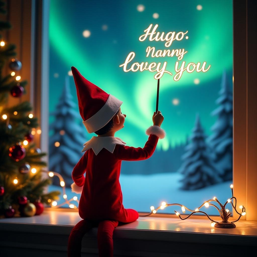 Enchanting Christmas scene shows elf on shelf facing sky. Elf is dressed in red and white, holding magic wand. Writing 'Hugo' 'Nanny' 'loves you'. Backdrop features vibrant northern lights. Scene is festive and whimsical, depicting holiday spirit.