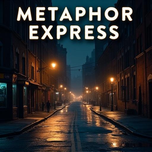 Dark street scene features illuminated streetlights. Title text says 'Metaphor Express' in bold letters.
