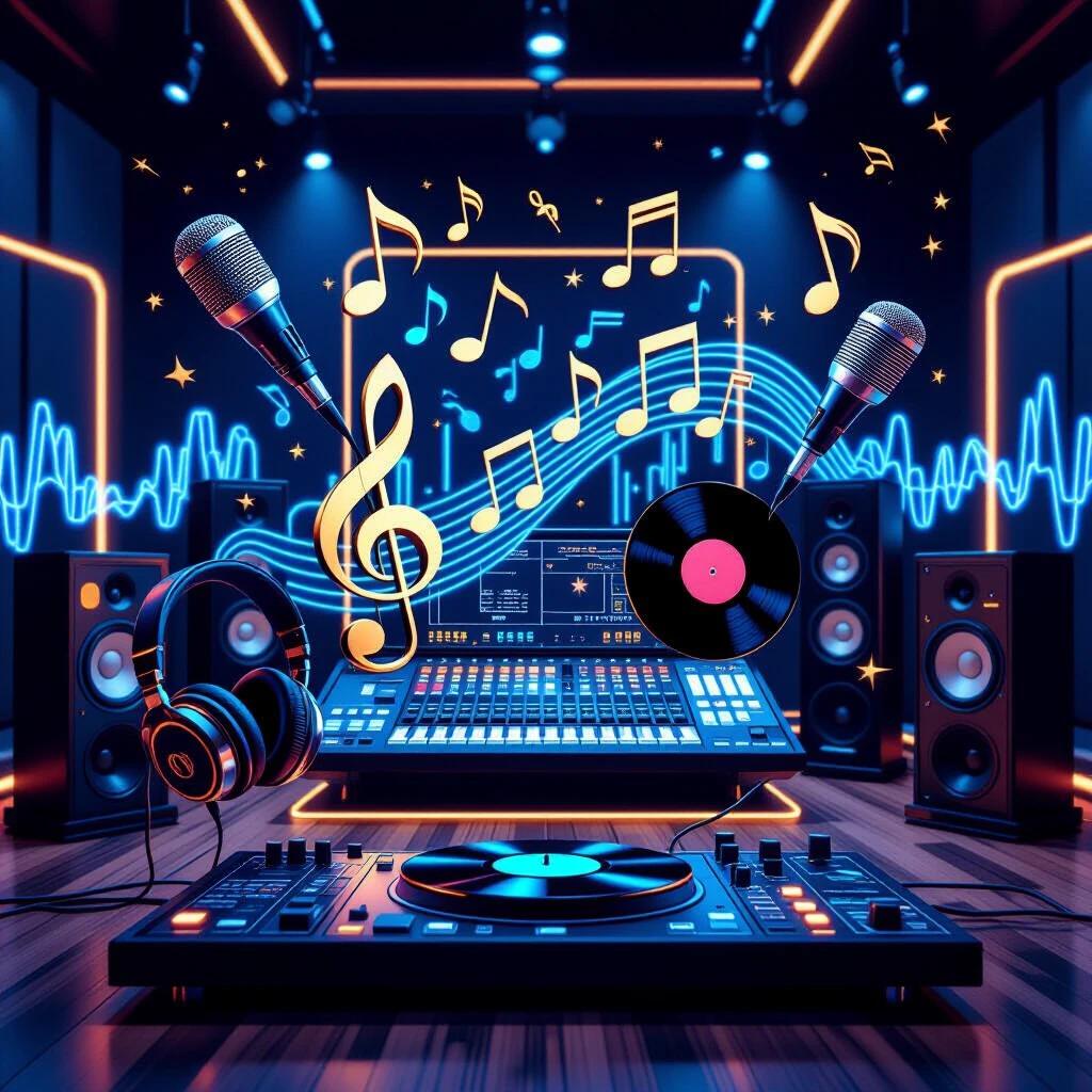 Stunning 3D promotional image for music recording service. Professional recording studio scene with floating 3D musical elements. Microphones, musical notes, headphones, vinyl records, sound waves, mixing board, speakers. Metallic gold and electric blue color scheme with dramatic lighting, neon accents, professional studio atmosphere. Space for text overlay, ultra-realistic, modern aesthetic.