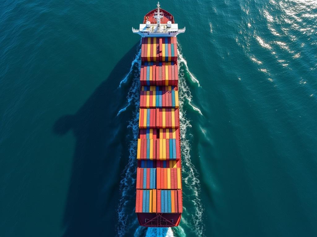 Aerial view of a container cargo ship, showcasing its vast array of colorful shipping containers stacked on its deck. The ship is navigating through the open sea, emphasizing the expansive blue waters around it. The containers are in various shades, including red, blue, yellow, and orange, highlighting the diversity of cargo being transported. The ship's structure is visible from above, providing a clear perspective of its business freight shipping operation. This scene illustrates the importance of international shipping and logistics in the global economy.