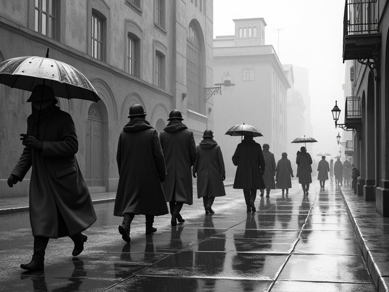 Group of people walk along a wet street in a rainy urban setting. Scene captured in black and white, emphasizing textures and mood. Figures dressed in heavy clothing with umbrellas, showing motion blur. Wet pavement reflects surroundings, adding depth. Background includes a weathered building with architectural details. Lighting is soft and diffused, creating a contemplative atmosphere. Themes of solitude and everyday life are explored.