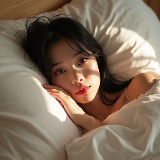 Girl lying in bed looking up with a soft expression. Full body K-pop style. Focus on facial features and serene mood.
