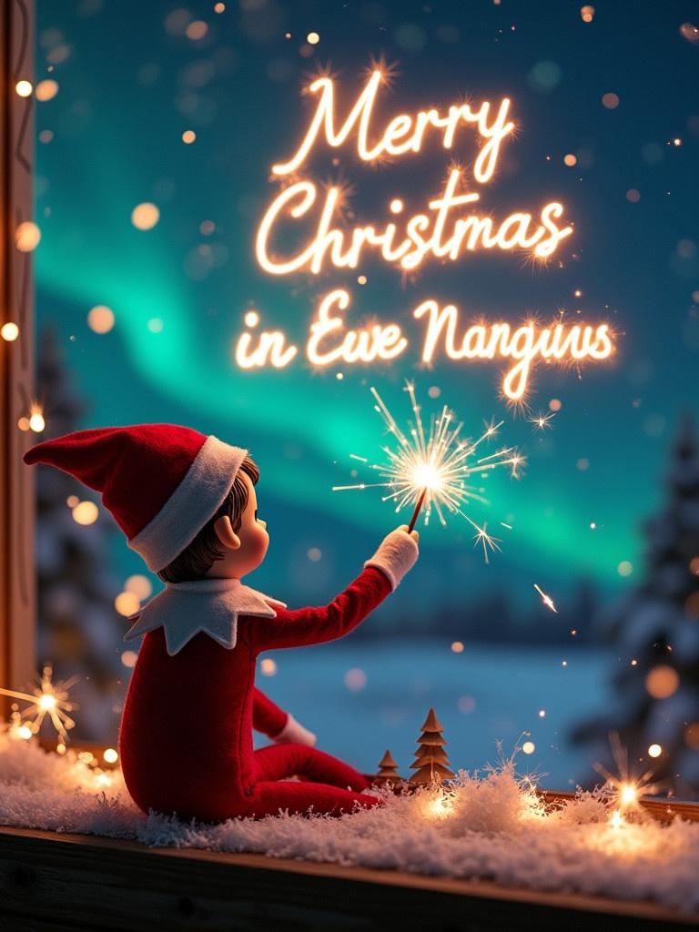 Christmas scene features an elf with back to viewer. Elf dressed in red and white. Elf holds magic wand creating sparkler text. Background shows vibrant northern lights. Scene captures magic and excitement of the holiday season. Spirit of Christmas embodied by whimsical design.