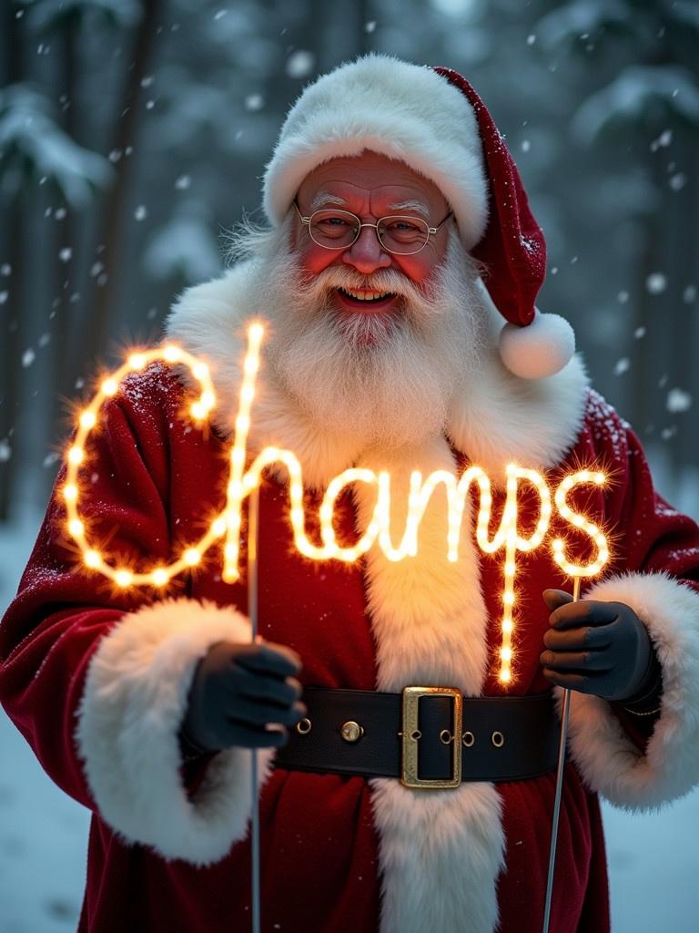 Santa Claus holds a glowing stick that spells Champs in lights. Santa wears a classic red suit with white fur trim. A snowy forest is in the background with snowflakes falling. The image shows holiday joy and warmth.