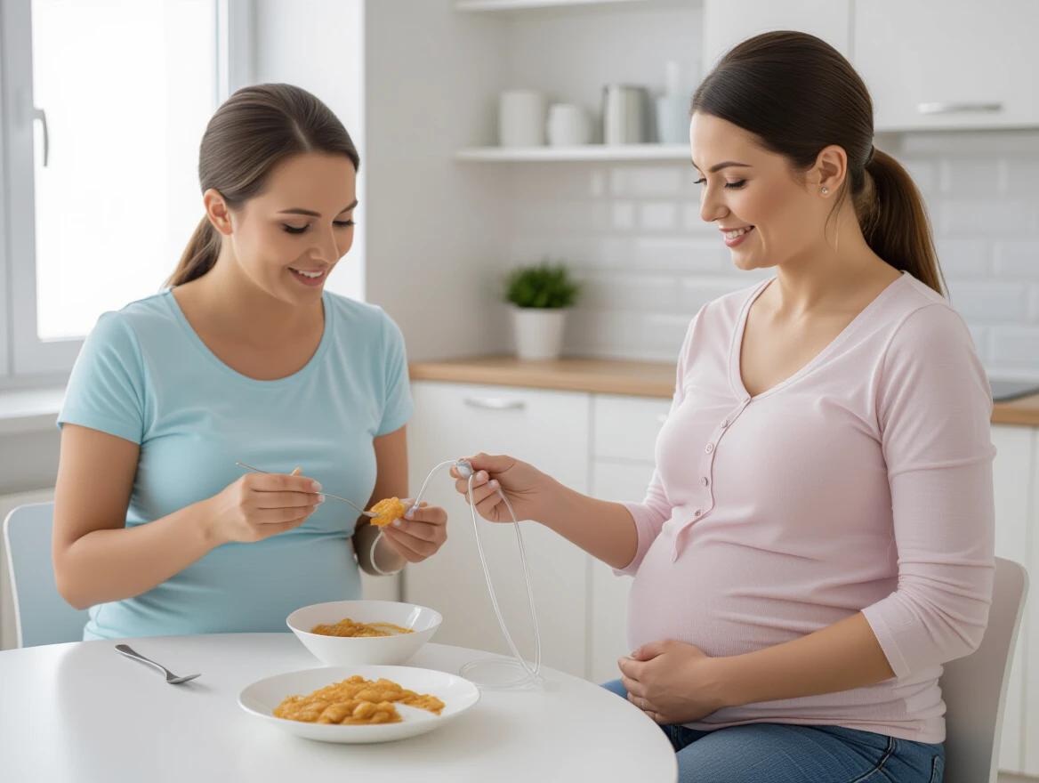 Two pregnant women enjoying a meal together at a table in a bright kitchen. One woman smiles while feeding from a tube. The other woman holds a spoon with food, looking happy.