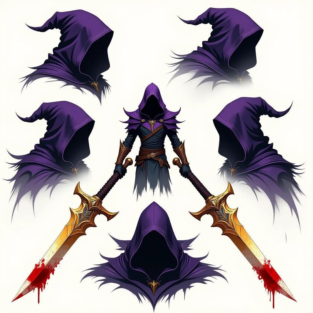 A realistic shadowy hooded figure with purple black and blue colors holding two golden daggers bloodstained with a shadowy background