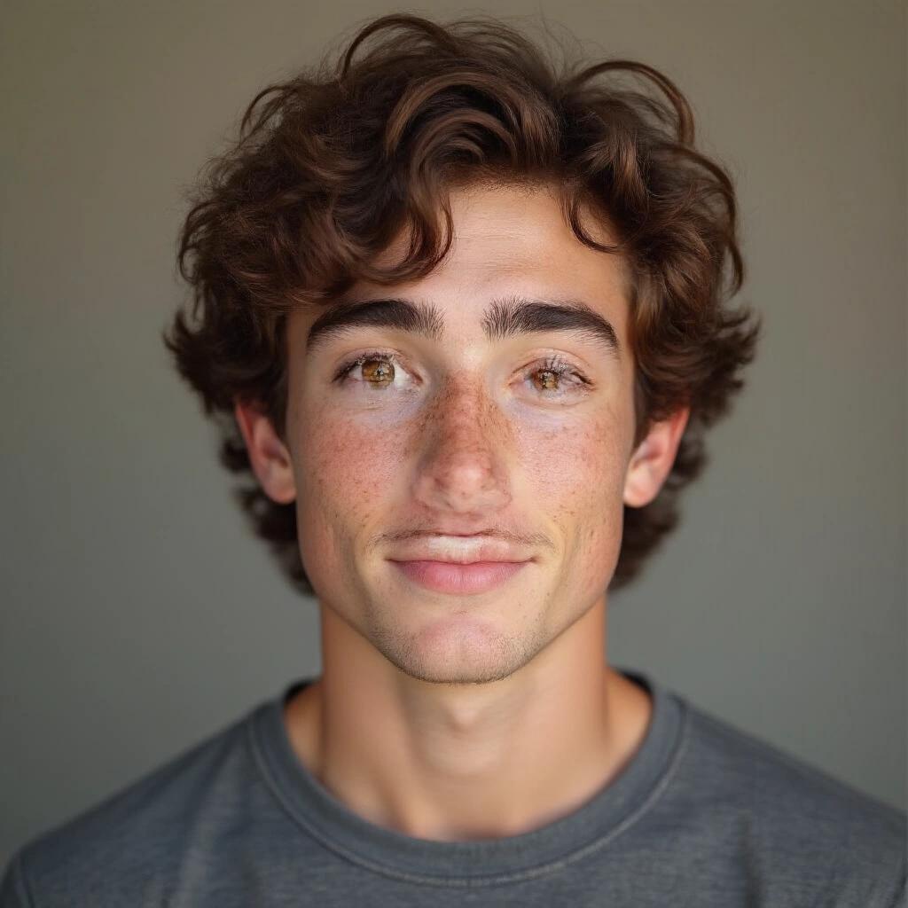 Portrait of a young man with curly brown hair and freckles. Warm brown eyes, full lips smiling. Athletic build showing confidence and charm. Soft lighting highlights a youthful appearance.