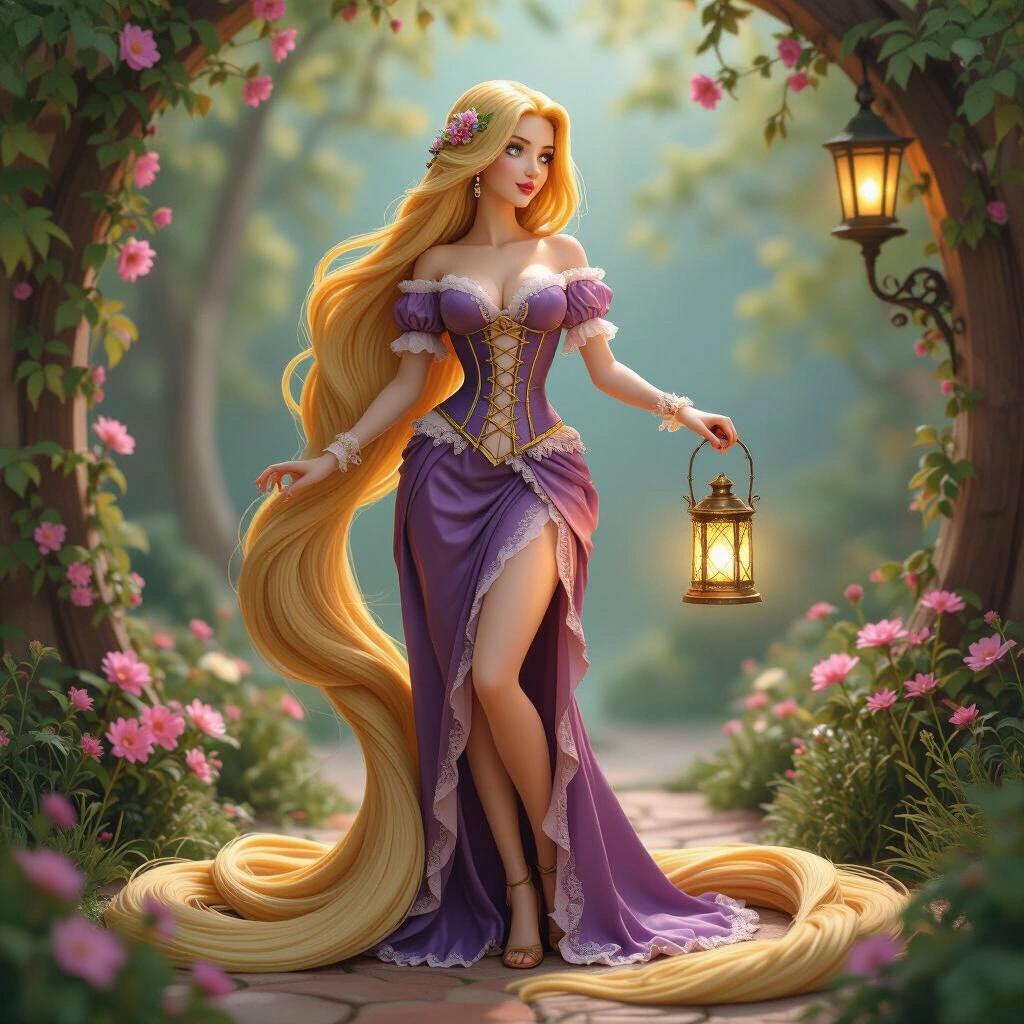 Detailed resin figure inspired by Rapunzel. Woman with long golden hair. Elegant and sensual pose. Corset in violet and gold. Holding a lantern. Magical background with flowers and stones. Full connection for 3D printing.