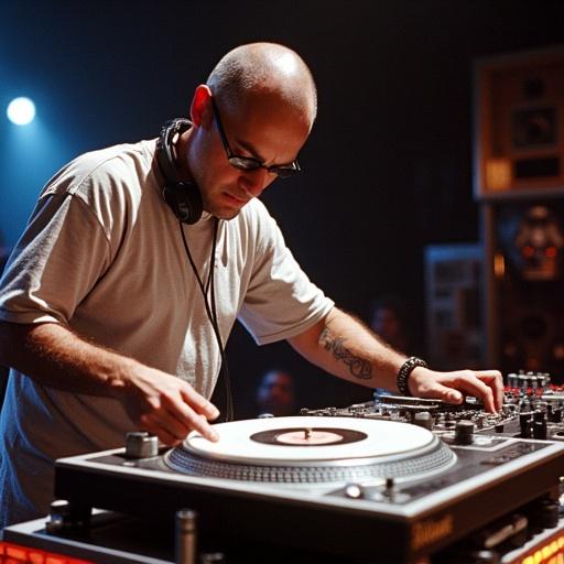 DJ from Israel performing fast turntable tricks at the 1992 Ortofon World DJ Mixing Championships. Focus on hands moving quickly on turntables. Exciting atmosphere with dramatic lighting.