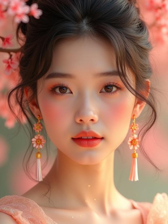 Portrait of a young Asian woman with luminous skin. Dark wavy hair in loose updo with face-framing wisps. Coral-orange lips and peachy-pink blush high on cheekbones. Flower-shaped earrings with gold dangling elements. Background features soft pink cherry blossoms, slightly blurred. Warm coral and pink tones dominate. Close-up composition with the subject gazing directly at the camera. Mood is romantic and ethereal with luxurious styling. Ultra-realistic image with 8k quality.