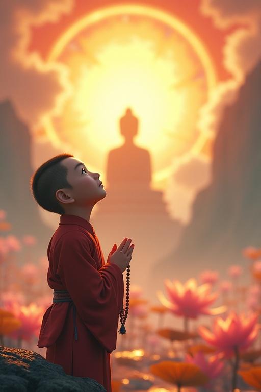 A lone novice monk gazes upward at Maitreya Buddha. Hands are clasped with prayer beads. Scene bathed in warm sunlight. Set in a mythical cultivation world. Features ethereal background with lotus flowers and swirling clouds. Eastern ink-wash art style. Low-saturation colors with high-saturation reds and blues. Surreal light effects. Monk occupies one-quarter of the frame with a serene expression.