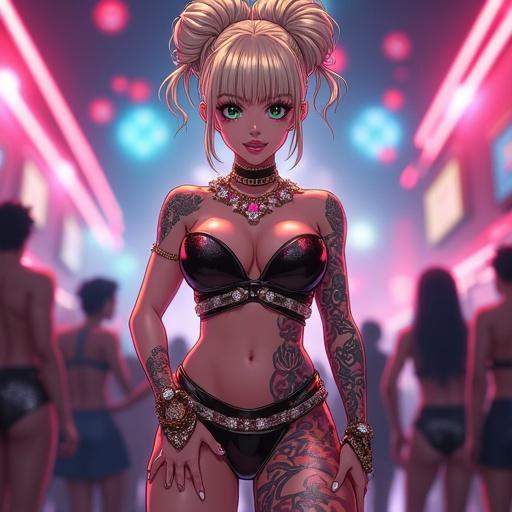 Anime woman in futuristic nightclub wearing edgy outfit. Woman has emerald green eyes and light blonde hair in a bun. Features tattoos and light pink diamond jewelry. Background shows cheering crowd and neon lights.